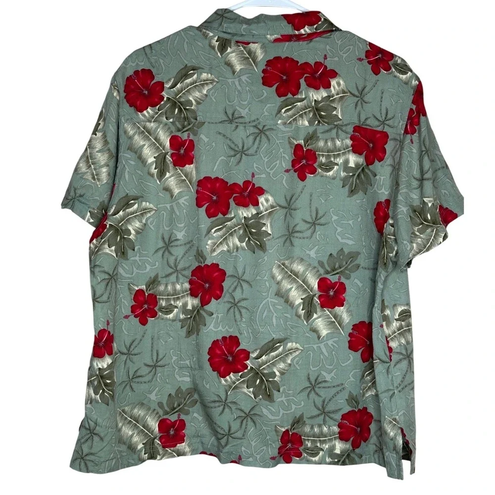 Island Traders VTG Women's XL Sage Green Red Hibiscus Tropical Rayon Camp Shirt